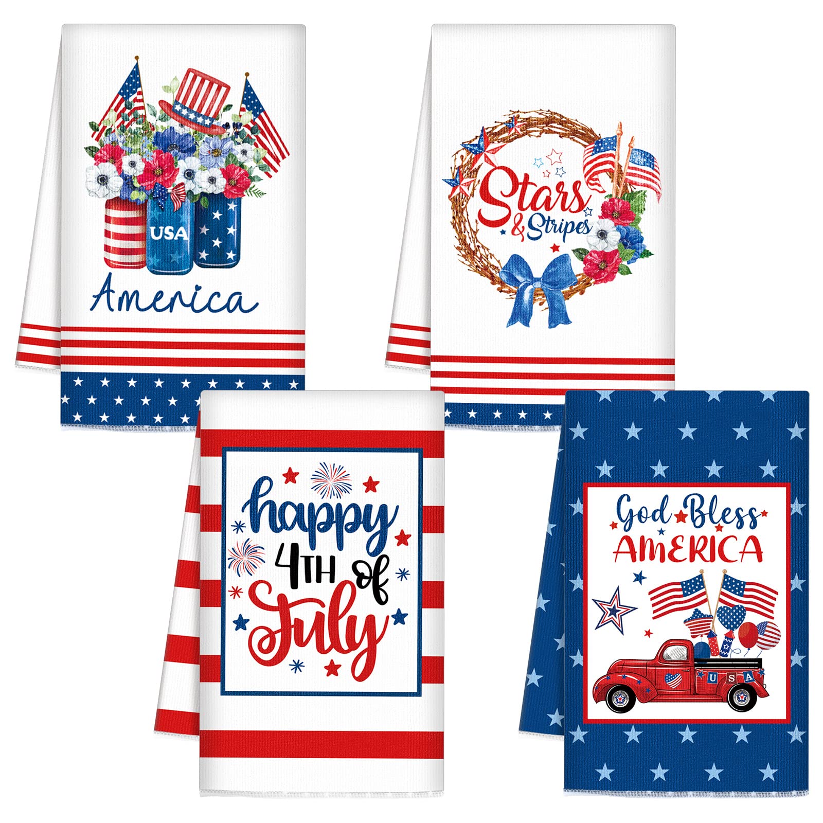 Kajaia 4 Pcs Labor Day Kitchen Towels 17.72 x 23.62 Inch Patriotic Stars and Stripes Dish Towels 4th of July Hand Towels American Flag Dish Towel Red White Blue Tea Towel for Bathroom Room Decorations