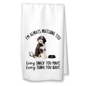 the creating studio personalized bernedoodle kitchen towel, doodle dad gift, always watching you, housewarming gift, hostess gift (white towel, bernedoodle no name)