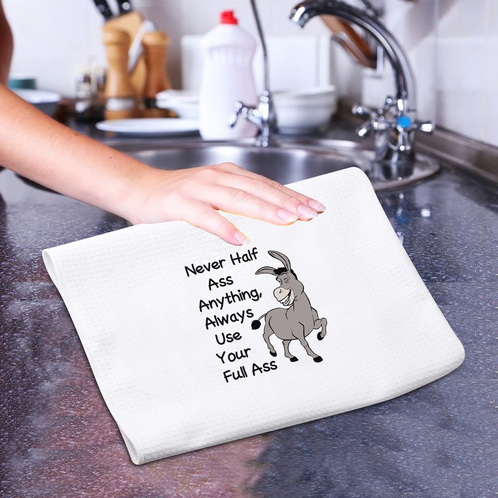 PXTIDY Funny Donkey Gift Never Half Ass Anything Always Use Your Full Ass Donkey Funny Kitchen Bar Tea Towels Friend Coworker Sarcasm Gag Gift