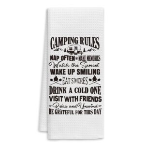 camping rules camping themed kitchen towels dish towels hand towels,camping kitchen towels dishcloths for campers rv trailer,camping gifts for women men kids camper dad her him,camping lovers gifts