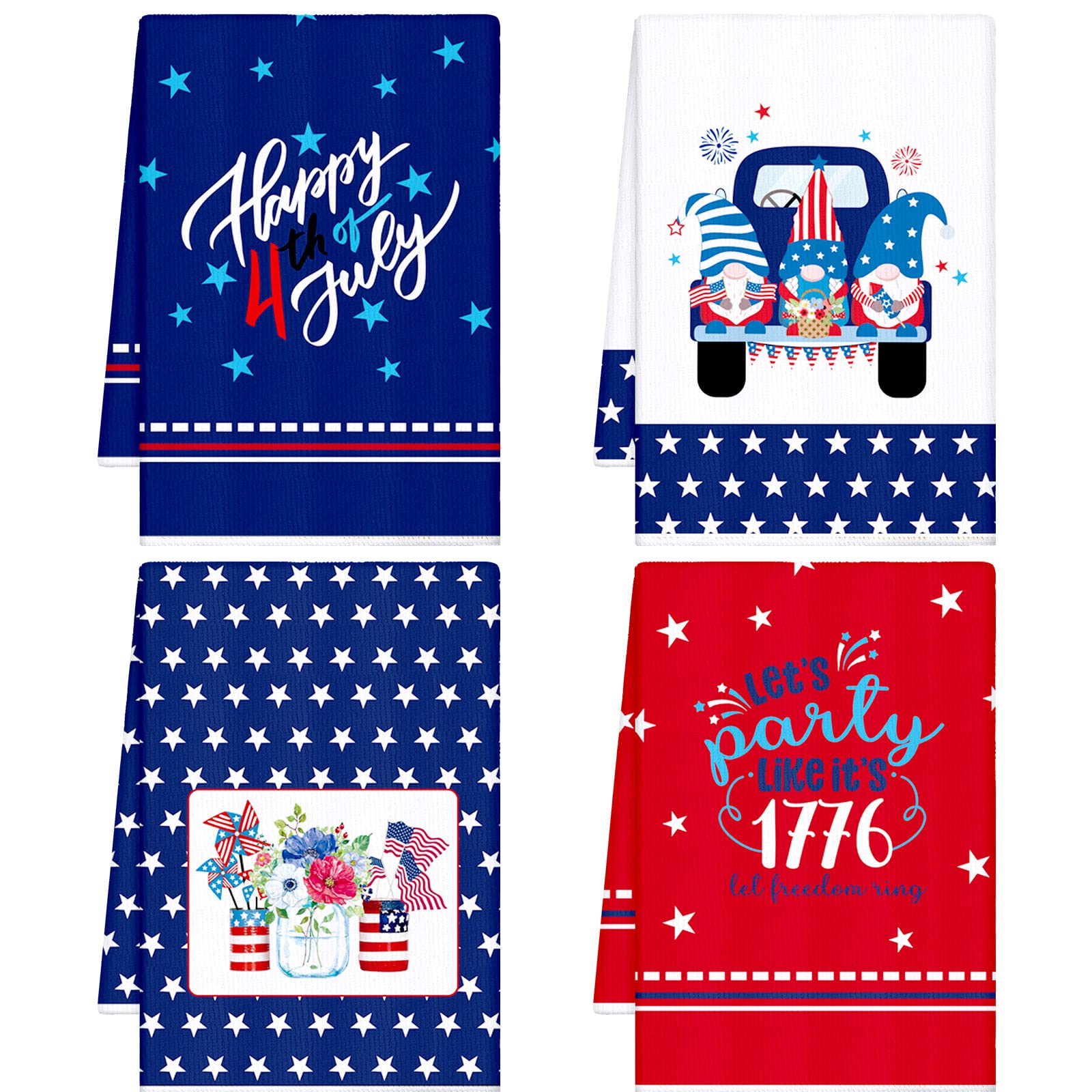 Geyoga 4 Pcs 4th of July Kitchen Dish Towel American Flag Hand Towel Patriotic Star Stripe Decorative Dishcloth White Blue Red Dish Towels for Memorial Independence Day (Bright Color,Gnome Truck)