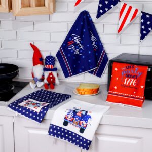 Geyoga 4 Pcs 4th of July Kitchen Dish Towel American Flag Hand Towel Patriotic Star Stripe Decorative Dishcloth White Blue Red Dish Towels for Memorial Independence Day (Bright Color,Gnome Truck)