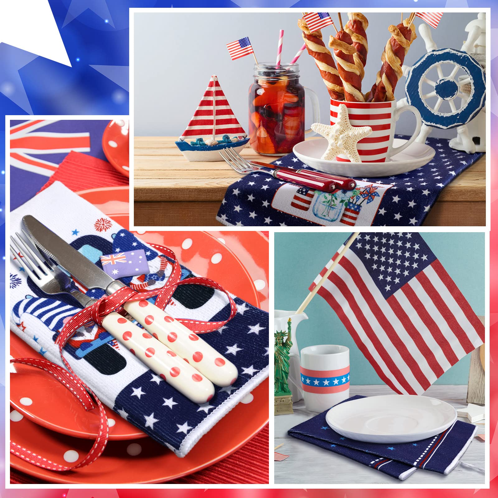 Geyoga 4 Pcs 4th of July Kitchen Dish Towel American Flag Hand Towel Patriotic Star Stripe Decorative Dishcloth White Blue Red Dish Towels for Memorial Independence Day (Bright Color,Gnome Truck)