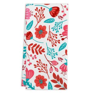 qiyuhoy hand drawn floral pattern in red tones kitchen towels or tea towels, 16 x 24 inches cotton modern dish towels dishcloths, dish cloth flour sack hand towel for farmhouse kitchen decor