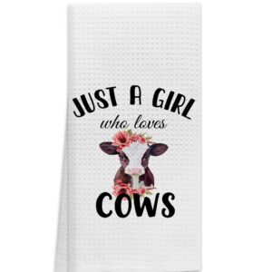 OHSUL Just A Girl Who Loves Cows Highly Absorbent Kitchen Towels Dish Towels Dish Cloth,Watercolor Floral Baby Cow Hand Towels Tea Towel for Bathroom Kitchen Decor,Cow Lovers Farm Girls Gifts
