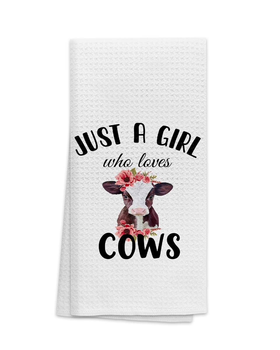 OHSUL Just A Girl Who Loves Cows Highly Absorbent Kitchen Towels Dish Towels Dish Cloth,Watercolor Floral Baby Cow Hand Towels Tea Towel for Bathroom Kitchen Decor,Cow Lovers Farm Girls Gifts