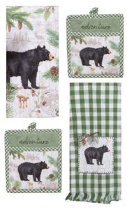 dhe piece black bear pinecone trails kitchen set, 1 dual purpose towel, 1 applique towel and 2 pocket mitts green