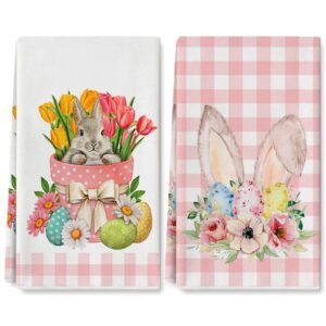 AnyDesign Easter Kitchen Towel Easter Rabbit Bunny Egg Floral Dish Towel Watercolor Pink White Buffalo Plaids Hand Drying Tea Towel for Spring Holiday Cooking Baking Cleaning, 18 x 28, 2 Pack