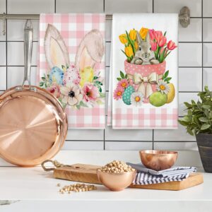 AnyDesign Easter Kitchen Towel Easter Rabbit Bunny Egg Floral Dish Towel Watercolor Pink White Buffalo Plaids Hand Drying Tea Towel for Spring Holiday Cooking Baking Cleaning, 18 x 28, 2 Pack