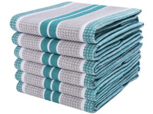 100% cotton dish towels, honeycomb pattern, absorbent, quick dry, professional grade, tea towels set of 6, teal grey, 18x28 inches