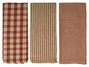 fillurbasket burgundy farmhouse kitchen towels set of 3 striped buffalo checked plaid dish towels red and tan towels for decor dishing drying cotton 15”x25”