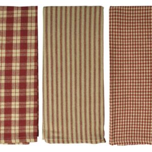 fillURbasket Burgundy Farmhouse Kitchen Towels Set of 3 Striped Buffalo Checked Plaid Dish Towels Red and Tan Towels for Decor Dishing Drying Cotton 15”x25”