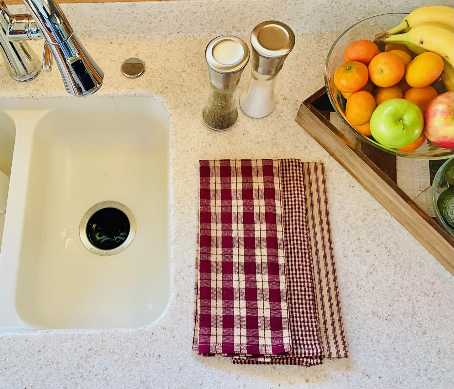 fillURbasket Burgundy Farmhouse Kitchen Towels Set of 3 Striped Buffalo Checked Plaid Dish Towels Red and Tan Towels for Decor Dishing Drying Cotton 15”x25”