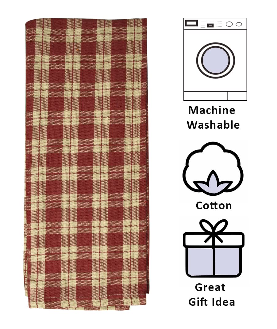 fillURbasket Burgundy Farmhouse Kitchen Towels Set of 3 Striped Buffalo Checked Plaid Dish Towels Red and Tan Towels for Decor Dishing Drying Cotton 15”x25”
