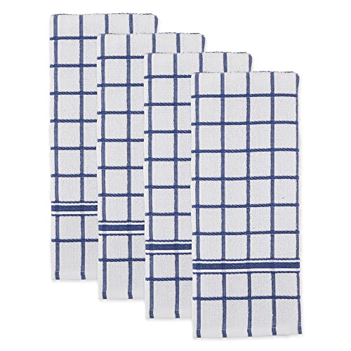 DII Basic Terry Collection Windowpane Dishtowel Set, 16x26, Blue, 4 Piece