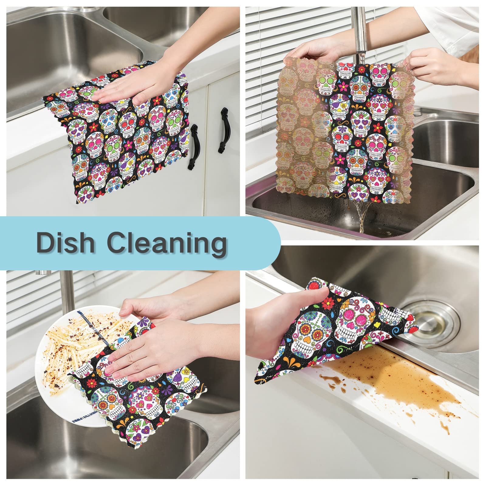 ALAZA Dish Towels Kitchen Cleaning Cloths Sugar Skull Dish Cloths Super Absorbent Kitchen Towels Lint Free Bar Tea Soft Towel Kitchen Accessories Set of 6,11"x11" 2