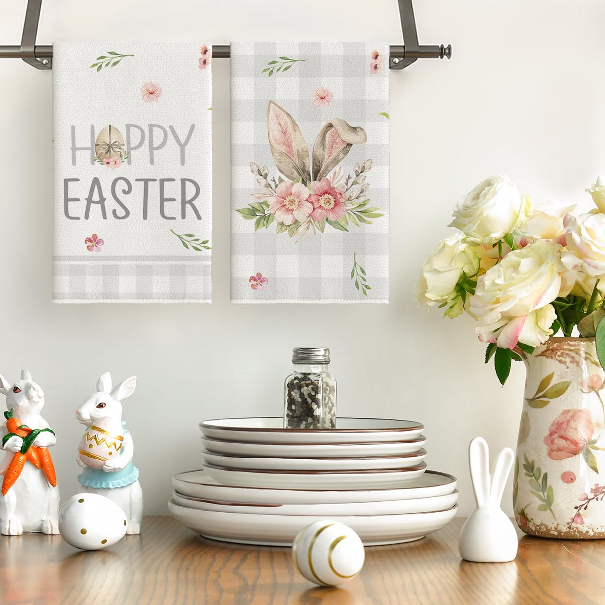 Artoid Mode Happy Easter Bunny Flower Kitchen Dish Towels, 18 x 26 Inch Seasonal Spring Easter Rabbit Ultra Absorbent Drying Cloth Tea Towels for Cooking Baking Set of 2