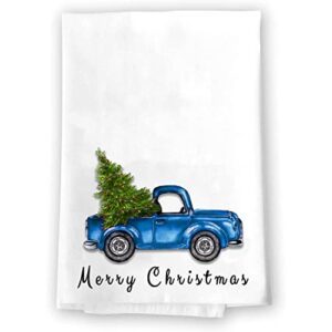 decorative kitchen dish and bath hand towels | cute rustic blue truck with green christmas tree | white tea towel home decor holiday decorations | quality xmas gift present