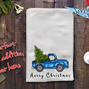 Decorative Kitchen Dish and Bath Hand Towels | Cute Rustic Blue Truck With Green Christmas Tree | White Tea Towel Home Decor Holiday Decorations | Quality XMAS Gift Present