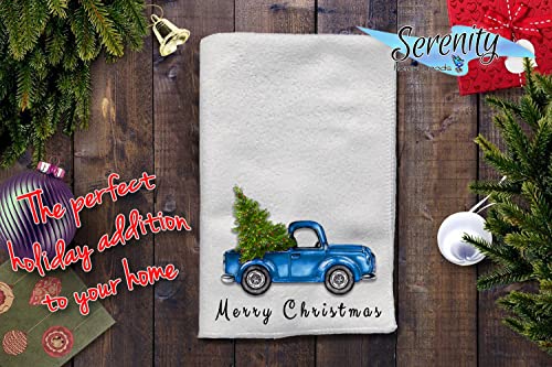 Decorative Kitchen Dish and Bath Hand Towels | Cute Rustic Blue Truck With Green Christmas Tree | White Tea Towel Home Decor Holiday Decorations | Quality XMAS Gift Present