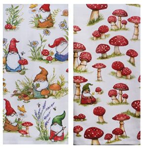 kaydeedesigns kay dee garden gnomes and mushrooms dual purpose kitchen towel bundle of 2, multicolored