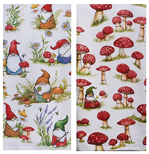 KayDeeDesigns Kay Dee Garden Gnomes and Mushrooms Dual Purpose Kitchen Towel Bundle of 2, Multicolored