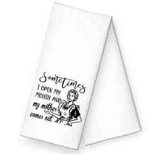 rzhv sometimes i open my mouth and my mother comes out kitchen towel, funny retro housewife dish towel gift for women sisters friends mom aunty hostess, housewarming new home
