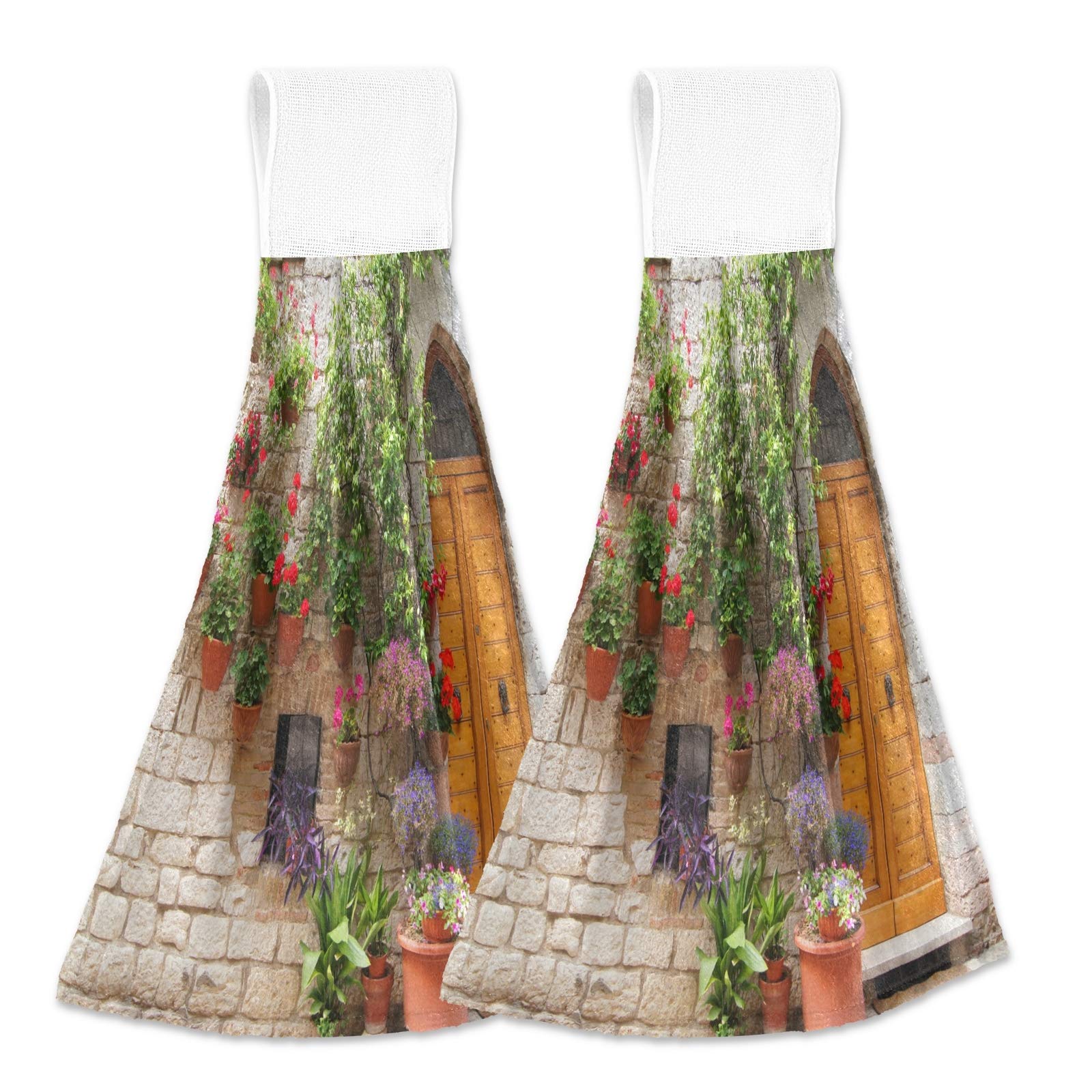 Kcldeci Hanging Kitchen Hand Towels Kitchen Wears Flowers Outside A Home in The Italian Hill Dishcloths Sets with Loop Hand Towels Kitchen Tie Towel 2 Pieces