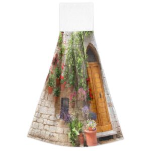 Kcldeci Hanging Kitchen Hand Towels Kitchen Wears Flowers Outside A Home in The Italian Hill Dishcloths Sets with Loop Hand Towels Kitchen Tie Towel 2 Pieces