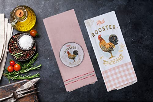 Jorina Farmhouse Kitchen Towels Red Rooster Kitchen Décor Flat Weave Tea Towel & Terry Towels 100% Cotton Includes Stacked Farm Animal Gift Tag & Envelope