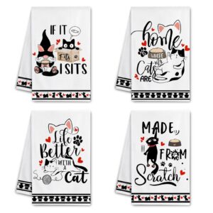 hexagram cat kitchen towels set of 4, cat lover gifts cat hand towels for kitchen housewarming farmhouse kitchen gifts,cat lovers accessories for women