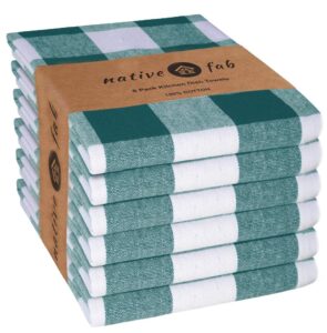 native fab 6-pack kitchen towel with hanging loop 16x26 inches, cotton buffalo check kitchen towels for cleaning drying, washcloths soft & absorbent cloth rags, bar towel, dish cloth, teal green