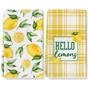 anydesign lemon kitchen towel watercolor hello lemons dish towel 18 x 28 inch spring summer yellow check plaids hand drying tea towel for farmhouse cooking baking cleaning wipes, set of 2