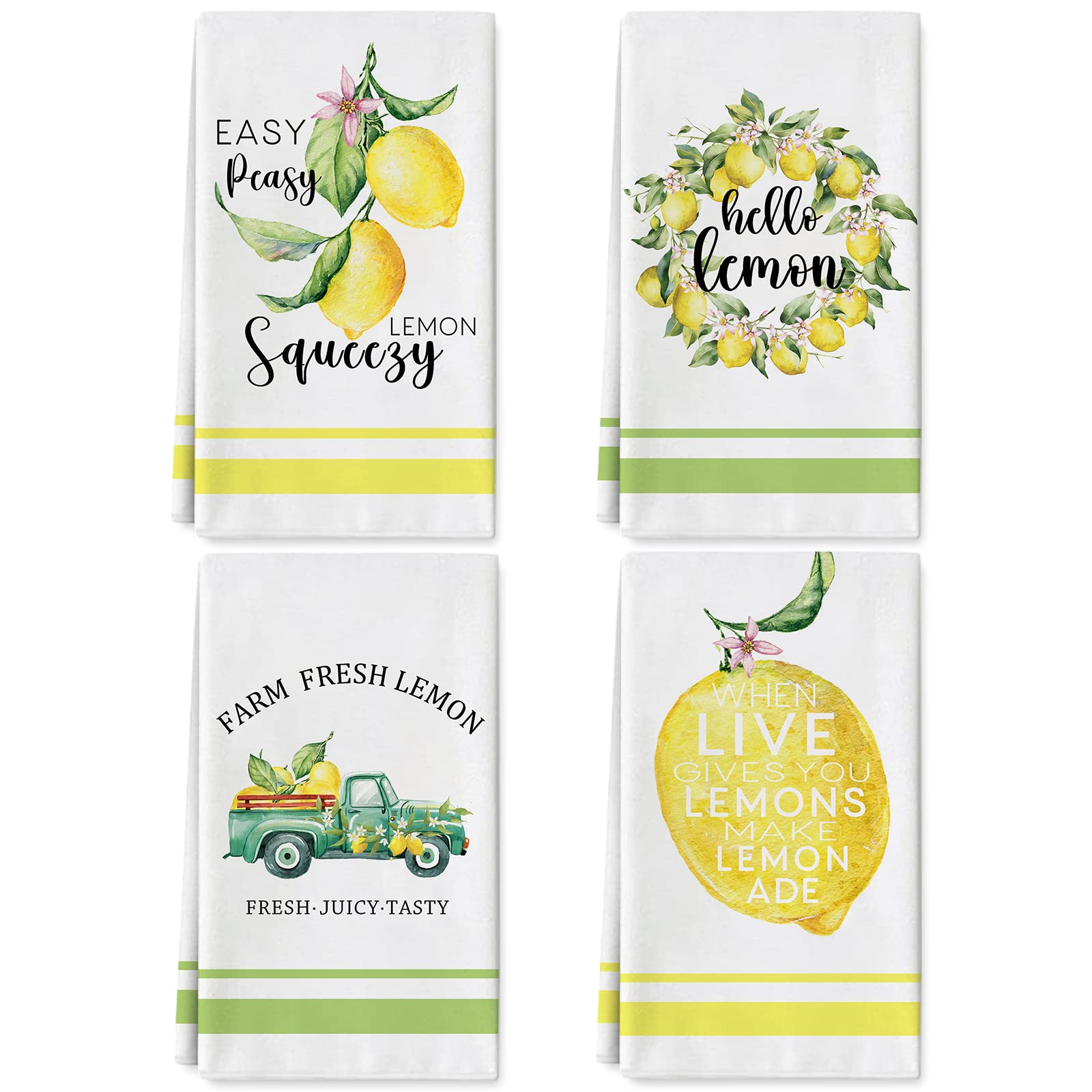 AnyDesign Lemon Kitchen Towels Lemonade Summer Tea Towels 18 x 28 Inches Hello Lemon Truck Decorative Hand Towel Farmhouse Dishcloth for Kitchen Cooking Baking Bathroom Cleaning Wipes Set of 4