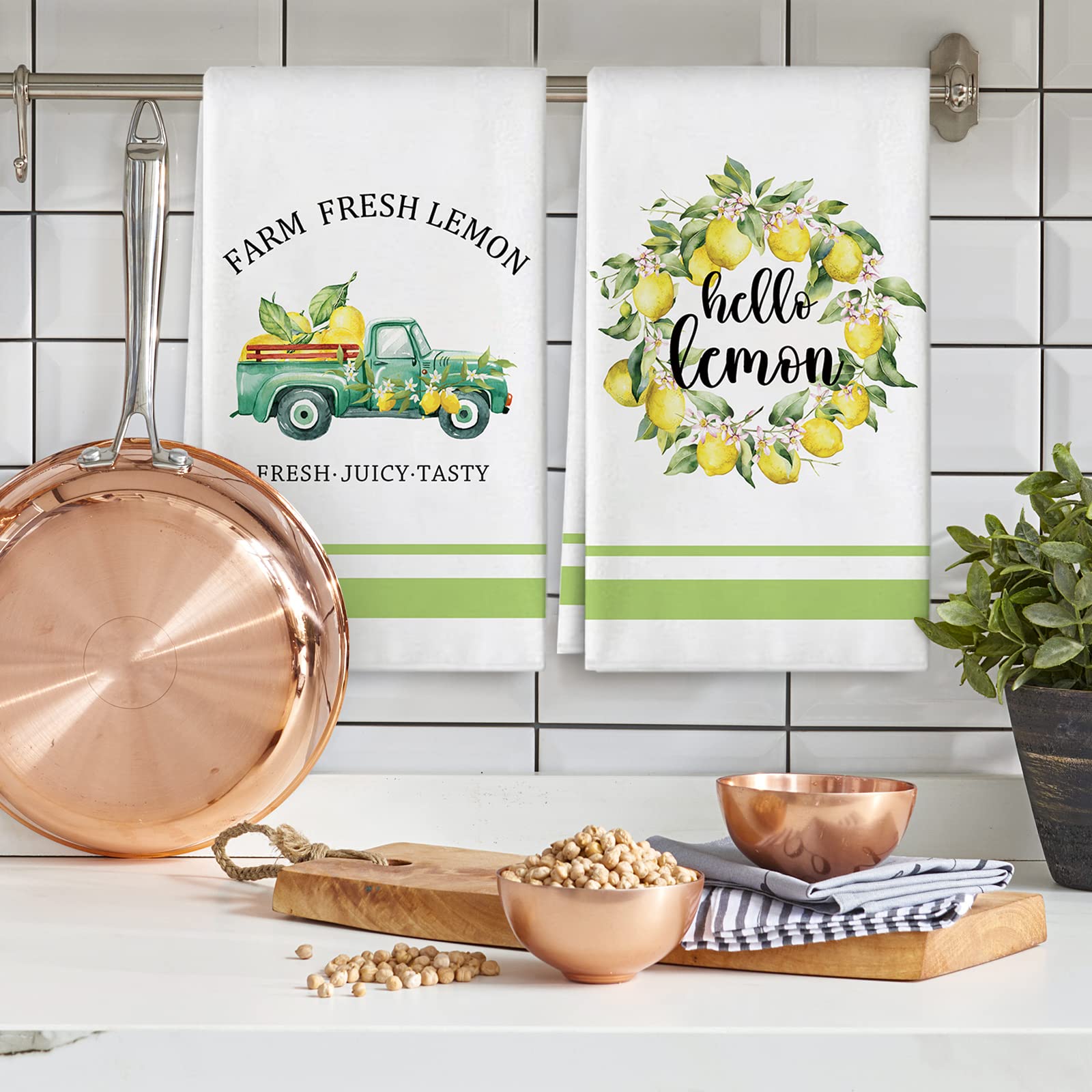 AnyDesign Lemon Kitchen Towels Lemonade Summer Tea Towels 18 x 28 Inches Hello Lemon Truck Decorative Hand Towel Farmhouse Dishcloth for Kitchen Cooking Baking Bathroom Cleaning Wipes Set of 4