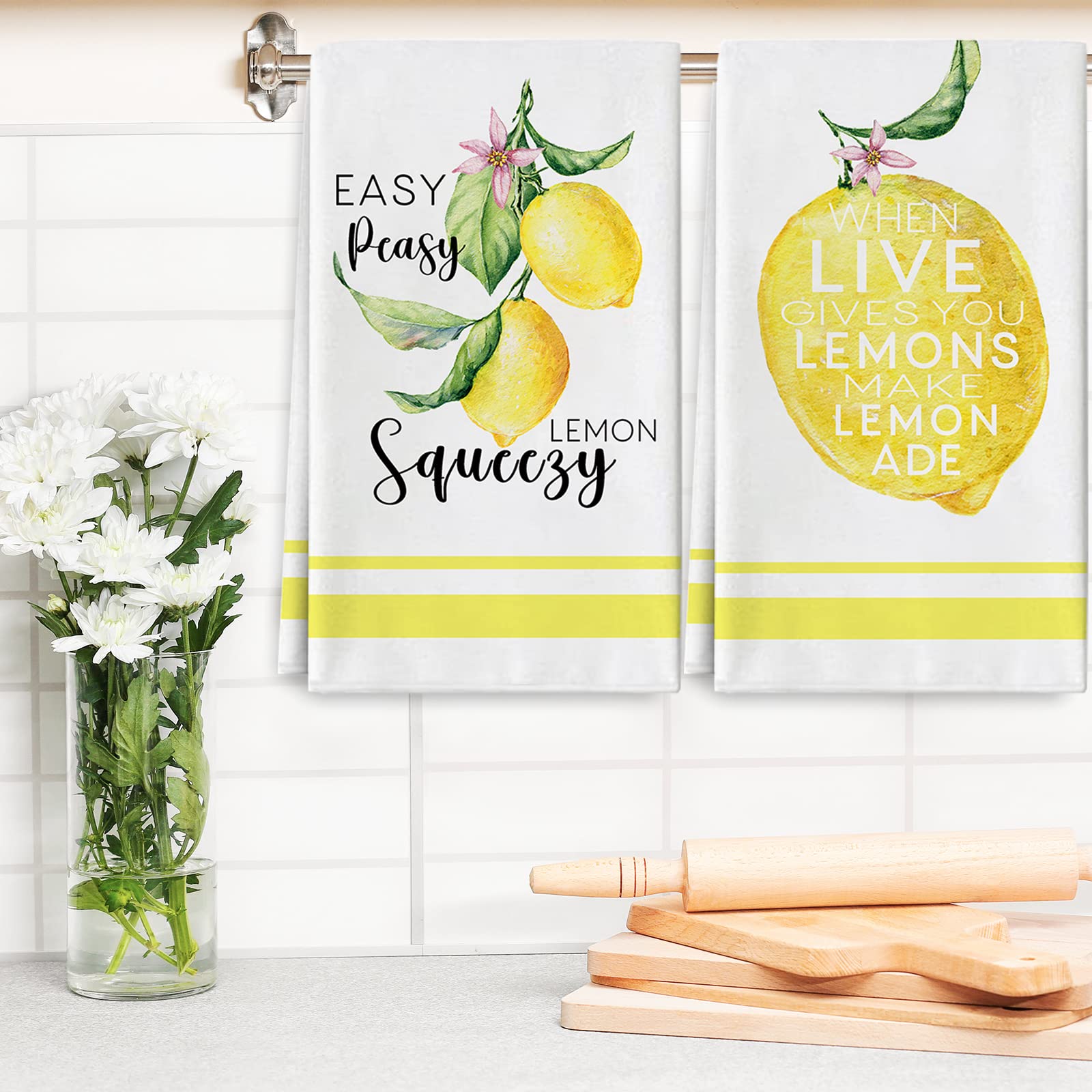 AnyDesign Lemon Kitchen Towels Lemonade Summer Tea Towels 18 x 28 Inches Hello Lemon Truck Decorative Hand Towel Farmhouse Dishcloth for Kitchen Cooking Baking Bathroom Cleaning Wipes Set of 4