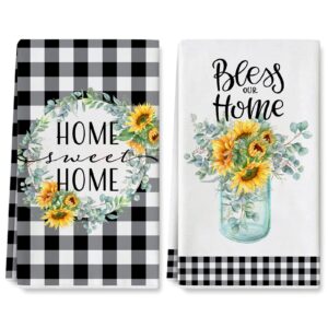 anydesign summer sunflower kitchen towel buffalo plaids dish cloths floral dish towel home hand towels sweet hand drying tea towel for seasonal holiday cooking baking cleaning wiping, 18 x 28 in, 2pcs
