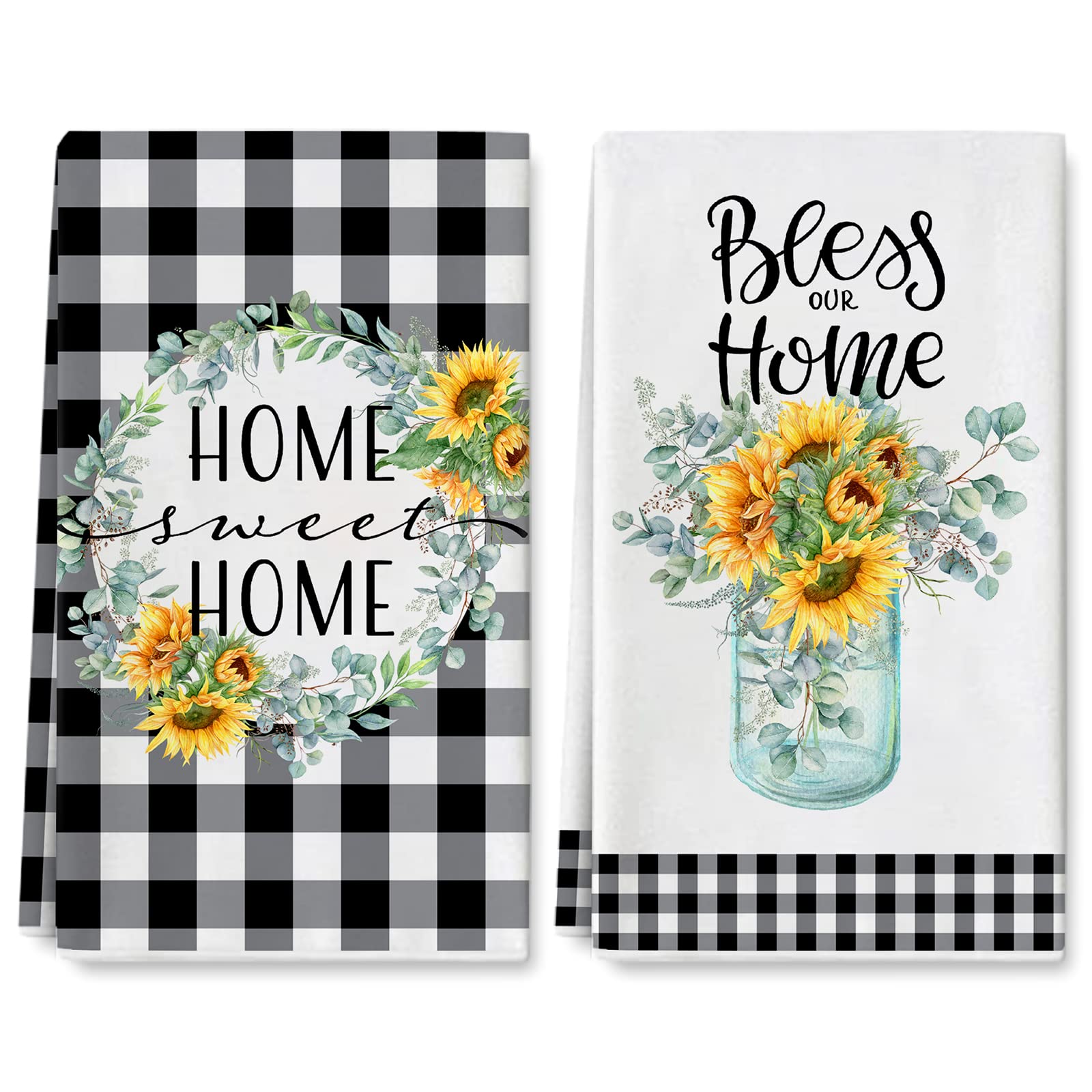 AnyDesign Summer Sunflower Kitchen Towel Buffalo Plaids Dish Cloths Floral Dish Towel Home Hand Towels Sweet Hand Drying Tea Towel for Seasonal Holiday Cooking Baking Cleaning Wiping, 18 x 28 In, 2Pcs