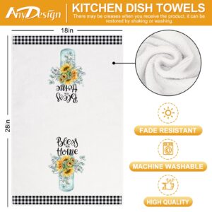 AnyDesign Summer Sunflower Kitchen Towel Buffalo Plaids Dish Cloths Floral Dish Towel Home Hand Towels Sweet Hand Drying Tea Towel for Seasonal Holiday Cooking Baking Cleaning Wiping, 18 x 28 In, 2Pcs