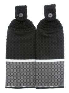 black & grey waffle terry cloth towels - 2 crochet top hanging kitchen towels