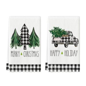artoid mode buffalo plaid truck trees kitchen towels and dish towels merry christmas, 18 x 26 inch winter drying cloth tea towels for cooking baking set of 2