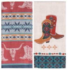 kay dee southwest at heart jacquard tea towel & boots tea towel, set of 2 southwestern native print western cowboy kitchen towels dishtowel set