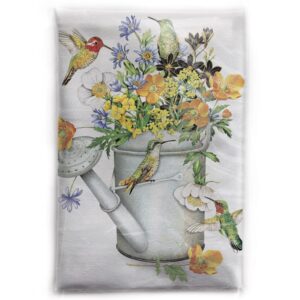 mary lake-thompson hummingbirds, flowers, and watering can cotton flour sack dish towel