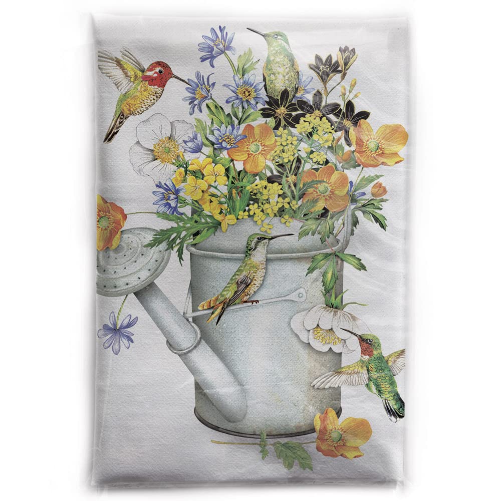 Mary Lake-Thompson Hummingbirds, Flowers, and Watering Can Cotton Flour Sack Dish Towel