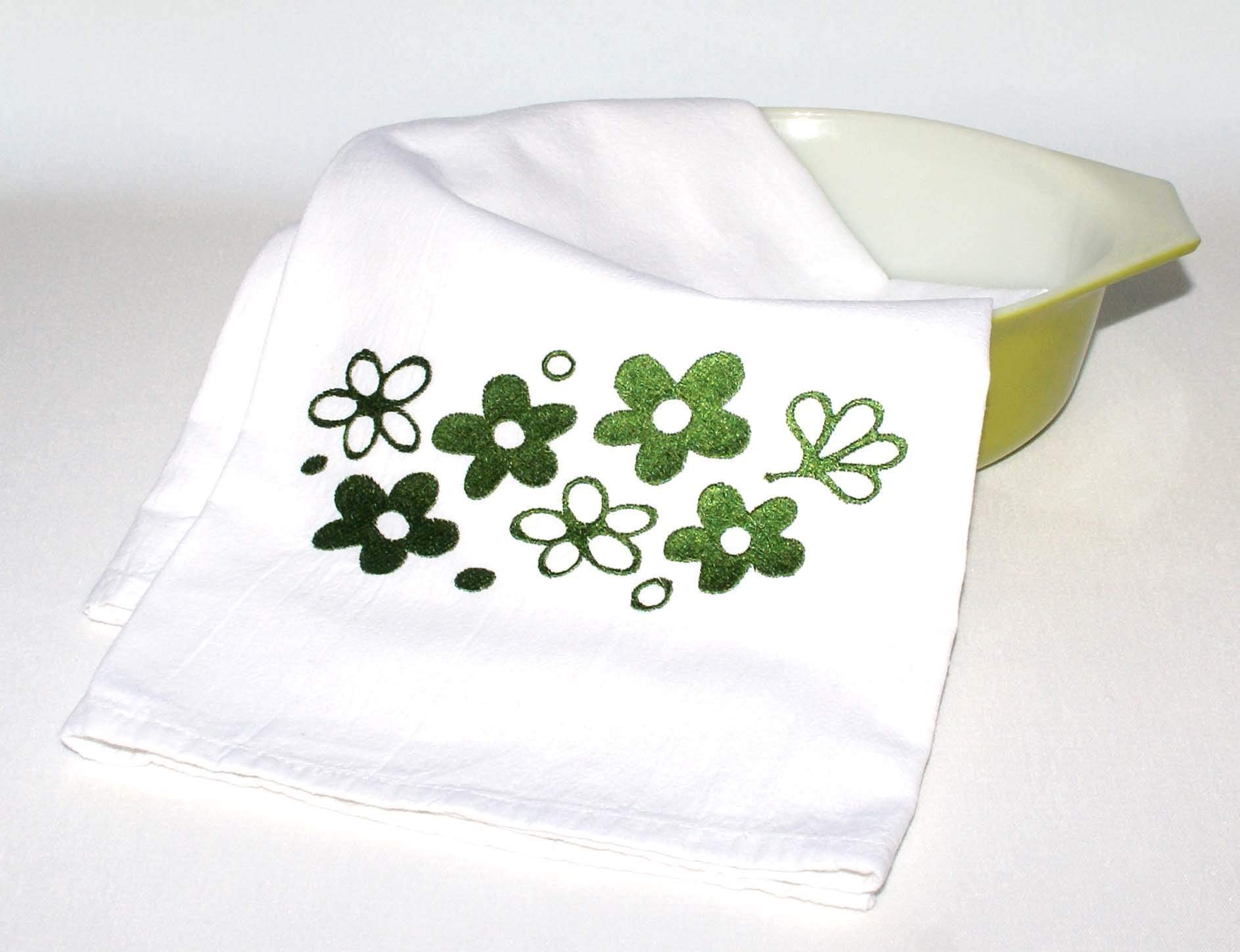 Embroidered Flour Sack Towel - Vintage Pyrex Pattern - Spring Blossom - 26 inch x 26 inch - Kitchen Dish Towel - Handmade by Green Acorn Kitchen