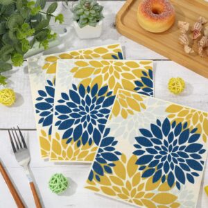 Whaline Dahlia Swedish Kitchen Dishcloth Navy Blue Yellow Silver Flower Absorbent Cotton Kitchen Towel Spring Summer Geometric Cleaning Dishcloths for Party Home Housewarming Cleaning, 7 x 8 in, 6Pcs