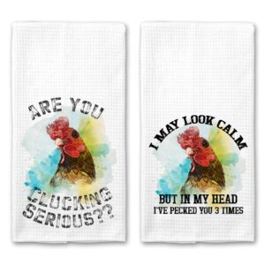 clucking serious and pecked you rooster chicken funny rustic farm microfiber kitchen towel set of 2