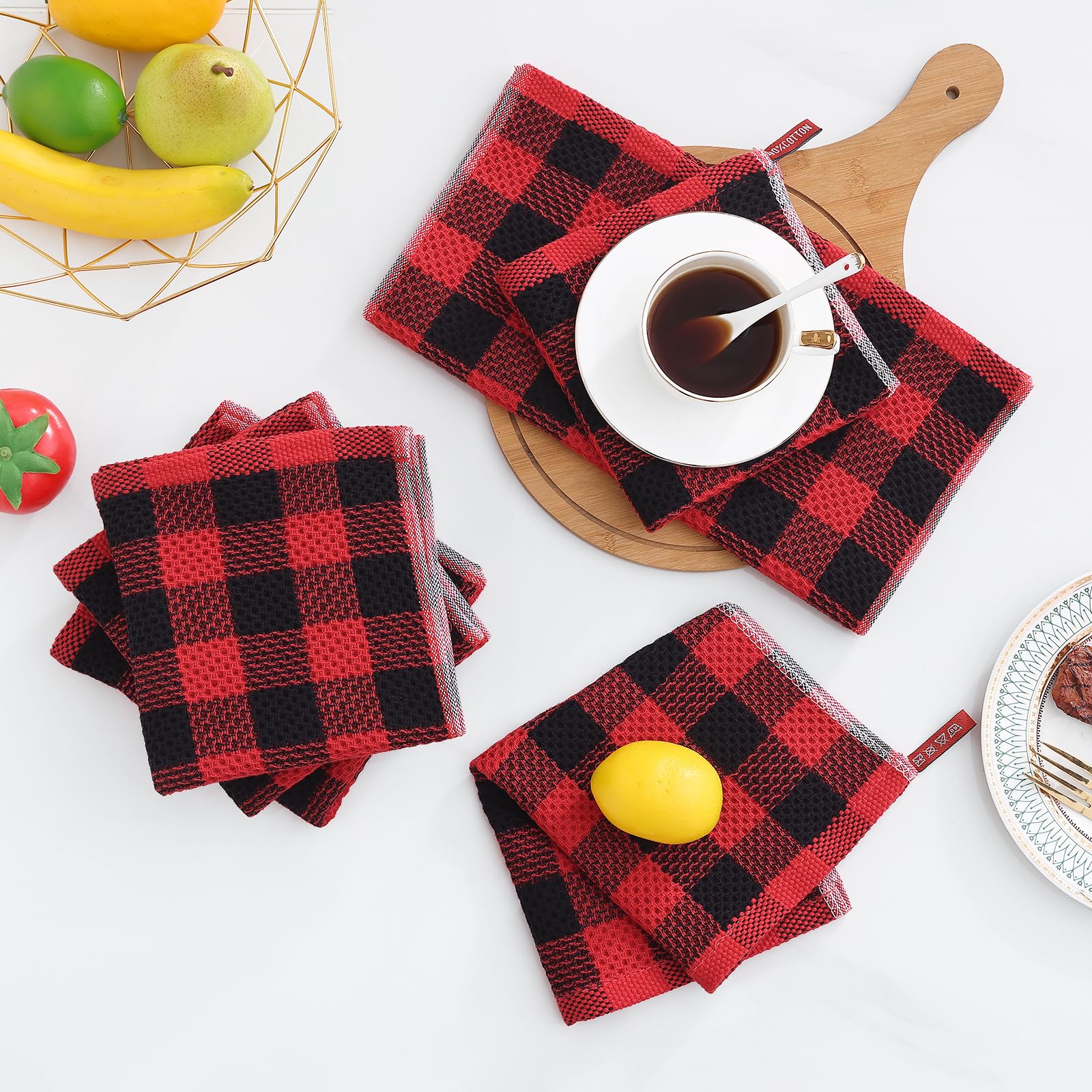 homing Kitchen Towels & Dish Cloths Set, 10 Pack, Super Soft, Absorbent, Quick Dry, 13" x 28" & 12" x 12", Red Black