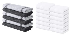 infinitee xclusives kitchen towels – pack of 6, 100% cotton 15x25 inches absorbent dish towels - 425 gsm tea towel, terry kitchen dishcloth towels + white washcloths set – pack of 12