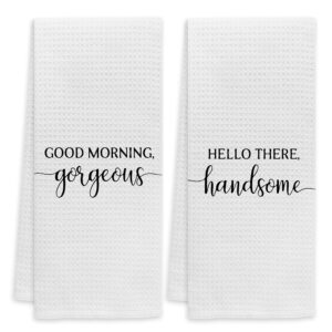 voatok good morning gorgeous hello there handsome bath towel, couples gifts set of 2 decorative towels,gifts for husband wife newlyweds